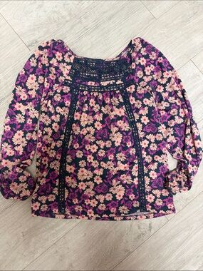 Sunspel Navy Floral Crochet-Yoke Blouse with Pink Accents